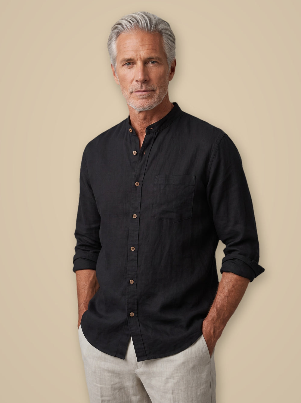 Clayton band collar linen shirt in Black, studio, Gentlemens Manor