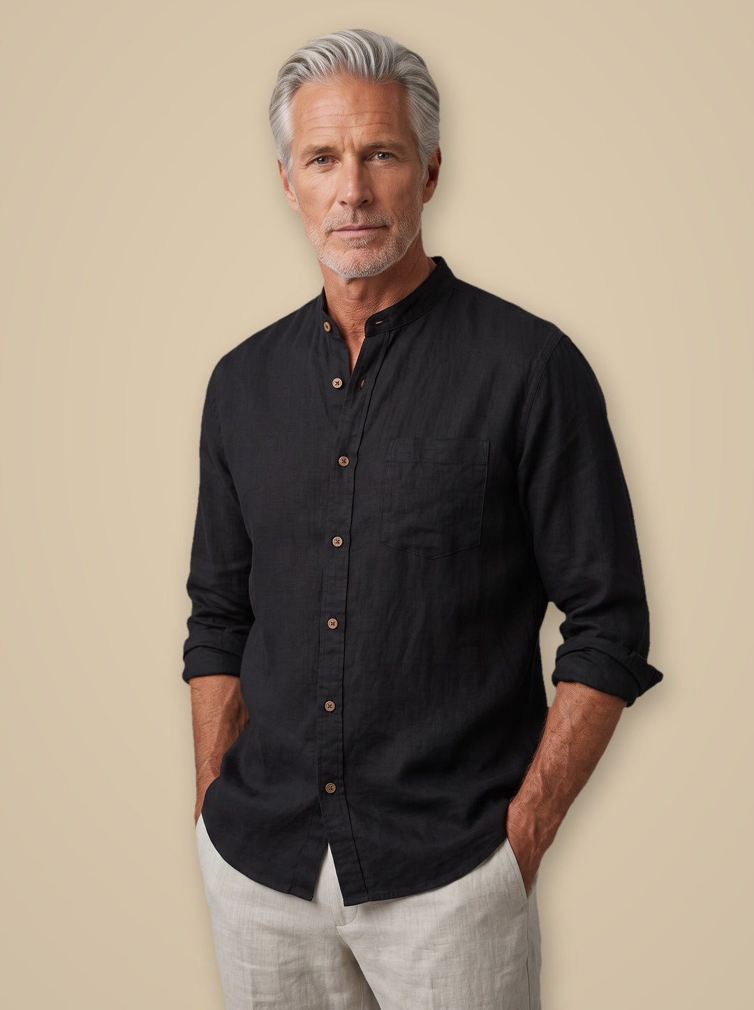 Clayton band collar linen shirt in Black, studio, Gentlemens Manor