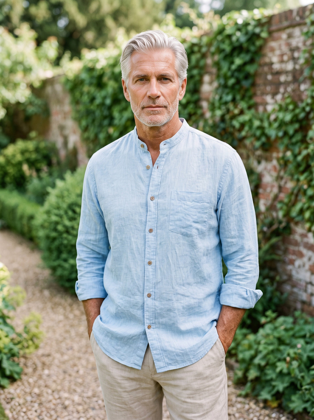 Clayton band collar linen shirt in Blue, lifestyle, Gentlemens Manor