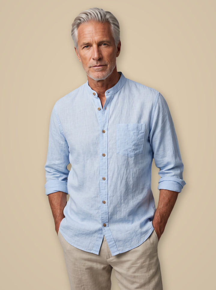 Clayton band collar linen shirt in Blue, studio, Gentlemens Manor