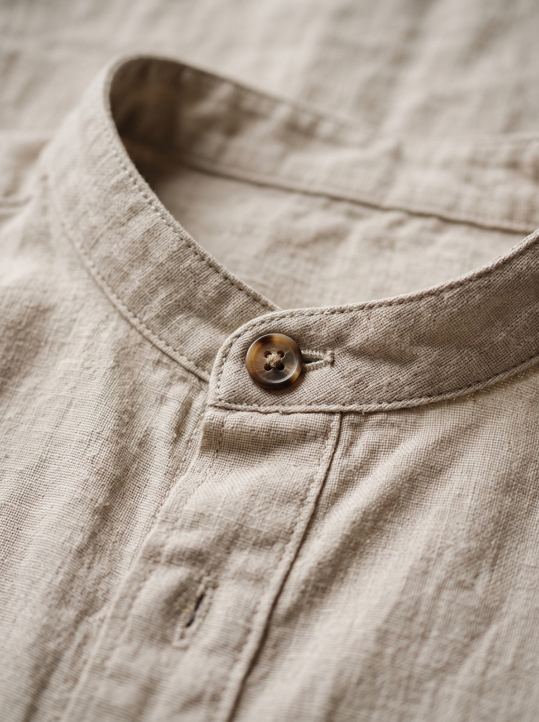 Clayton band collar linen shirt, fabric close up, Gentlemens Manor