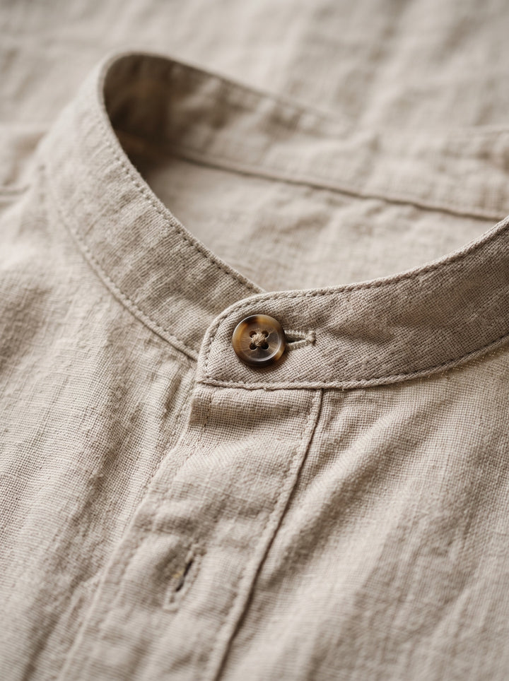Clayton band collar linen shirt, fabric close up, Gentlemens Manor