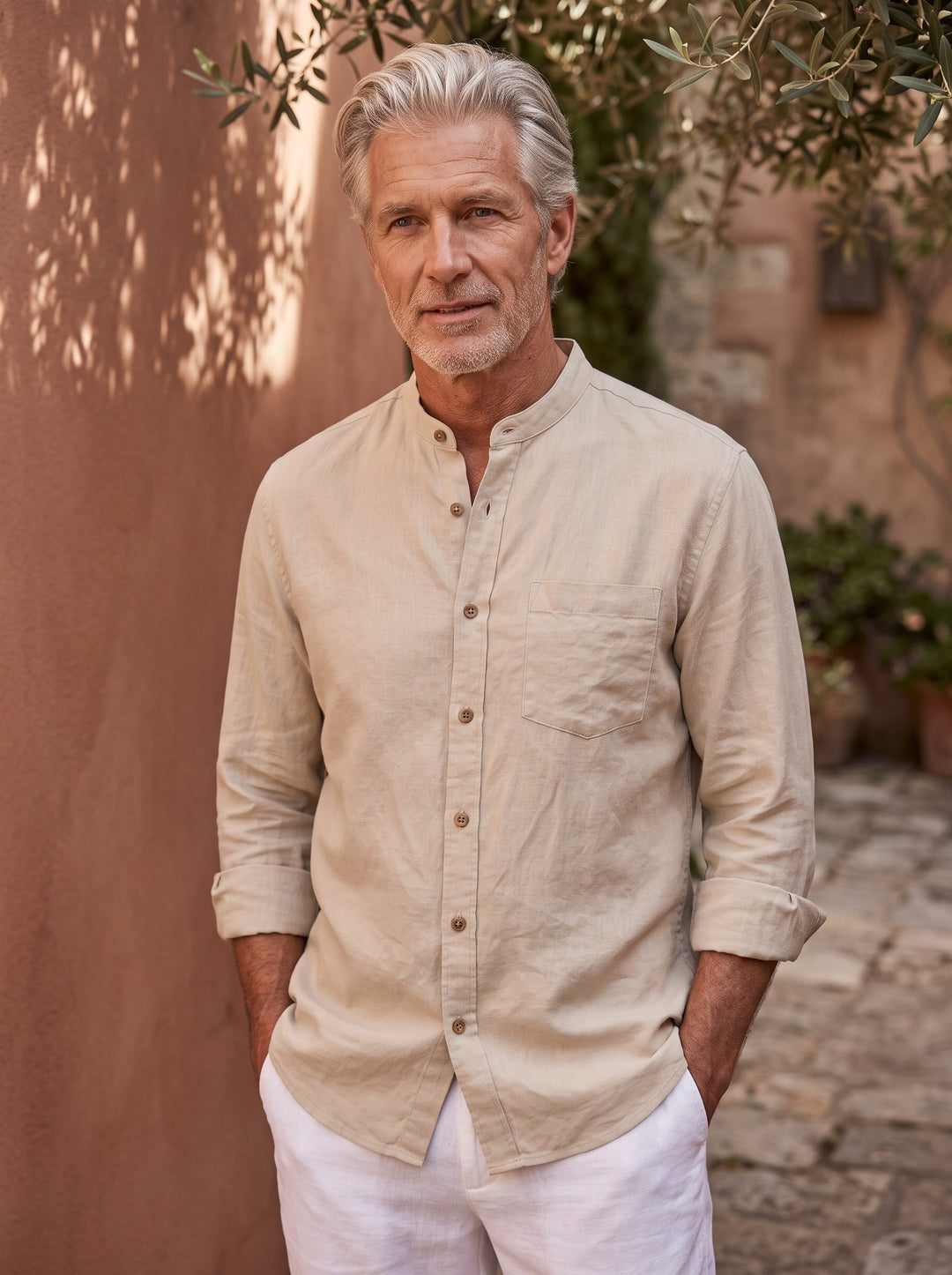 Clayton band collar linen shirt in Sand, lifestyle, Gentlemens Manor