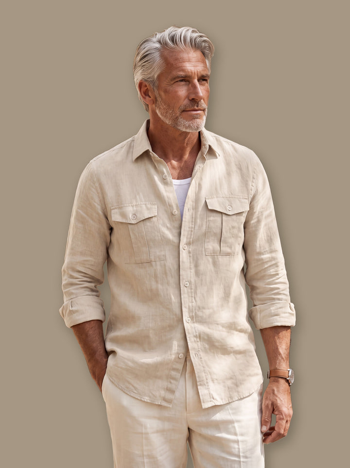 Clayton linen shirt in Sand, studio - Gentlemens Manor