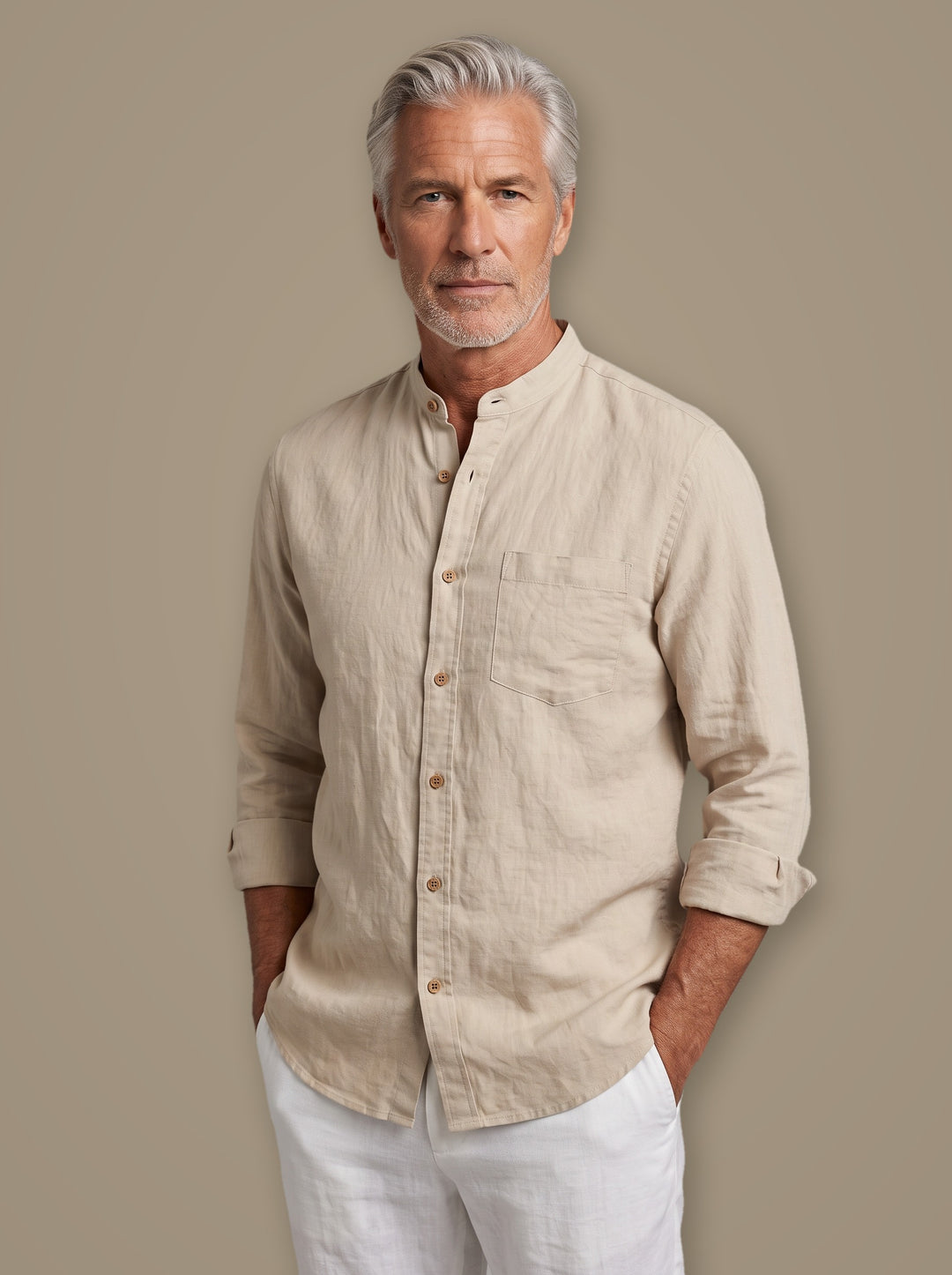 Clayton band collar linen shirt in Sand, studio, Gentlemens Manor