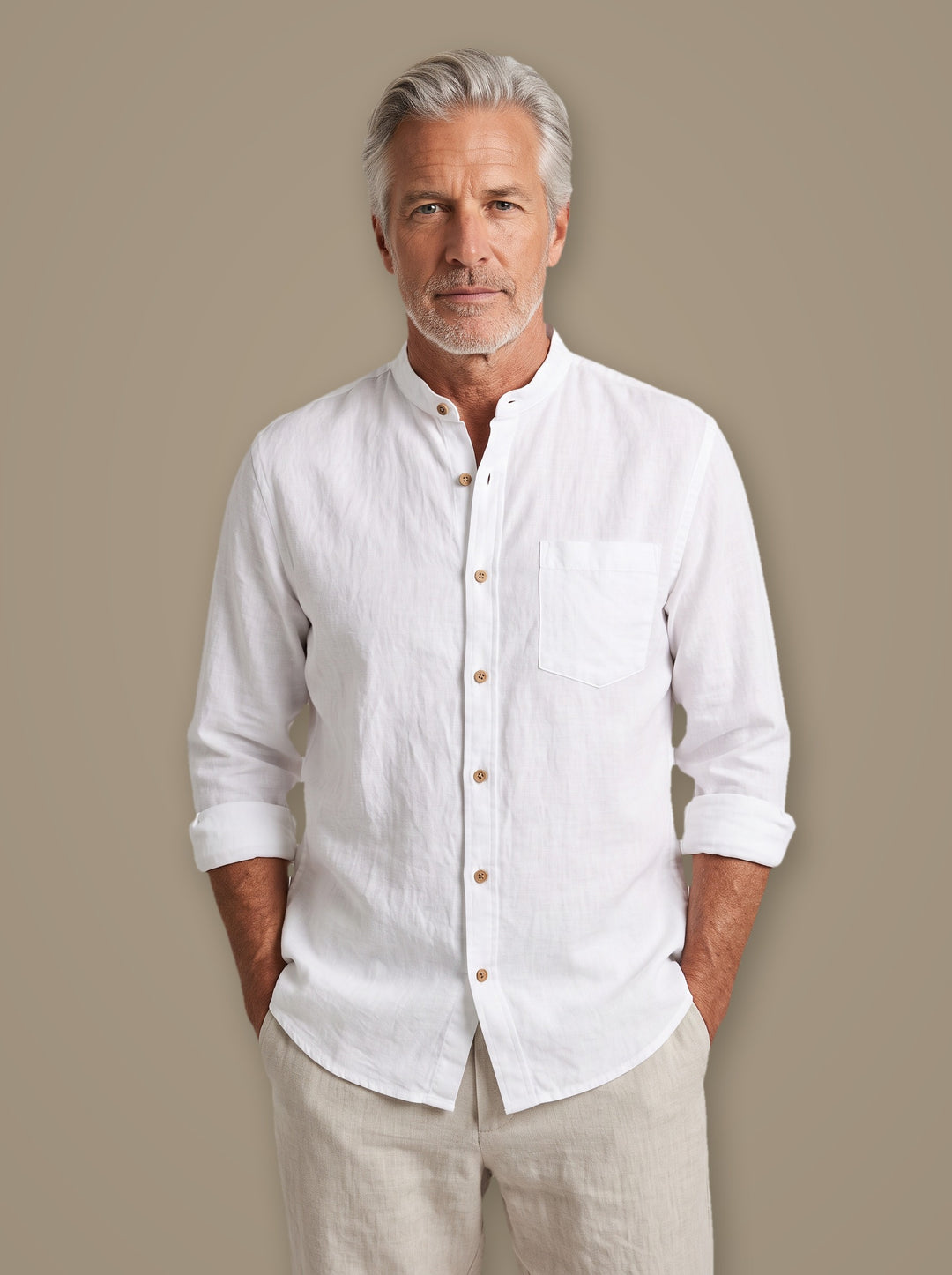 Clayton band collar linen shirt in White, studio, Gentlemens Manor