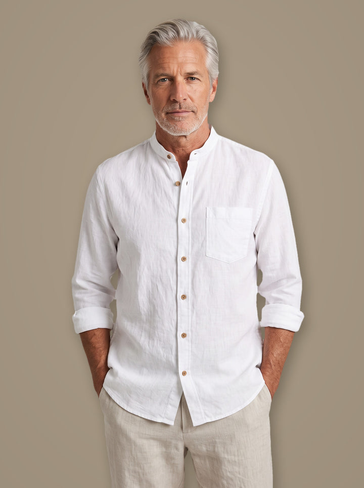 Clayton band collar linen shirt in White, studio, Gentlemens Manor