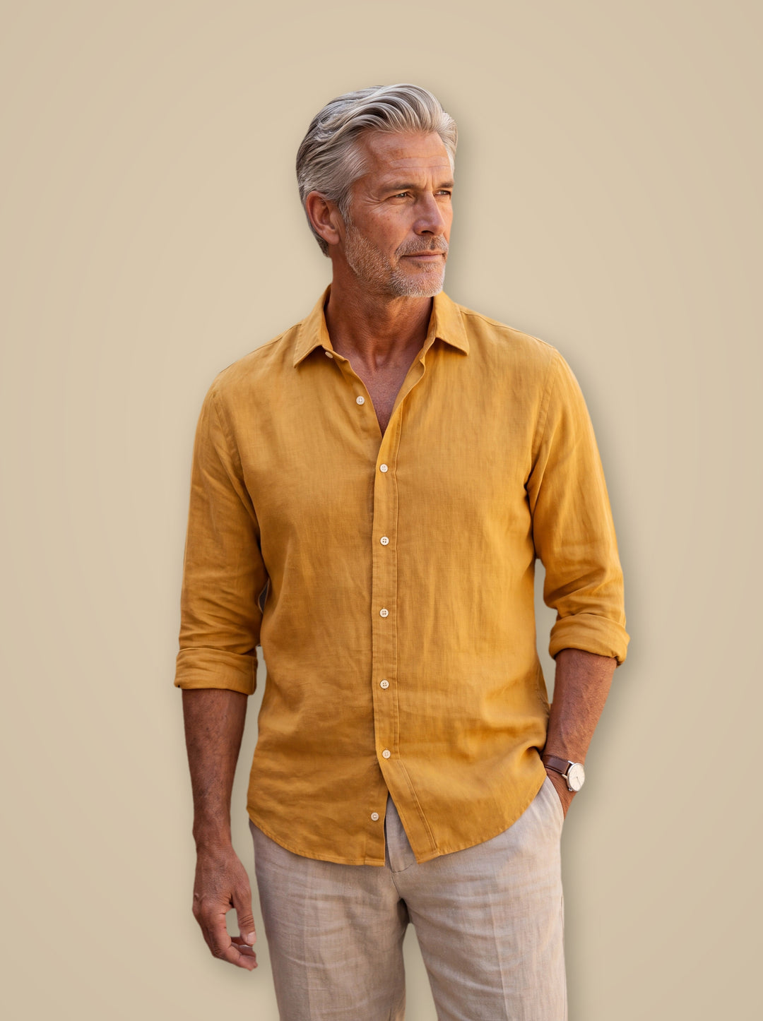 Clement linen shirt in Mustard, studio - Gentlemens Manor