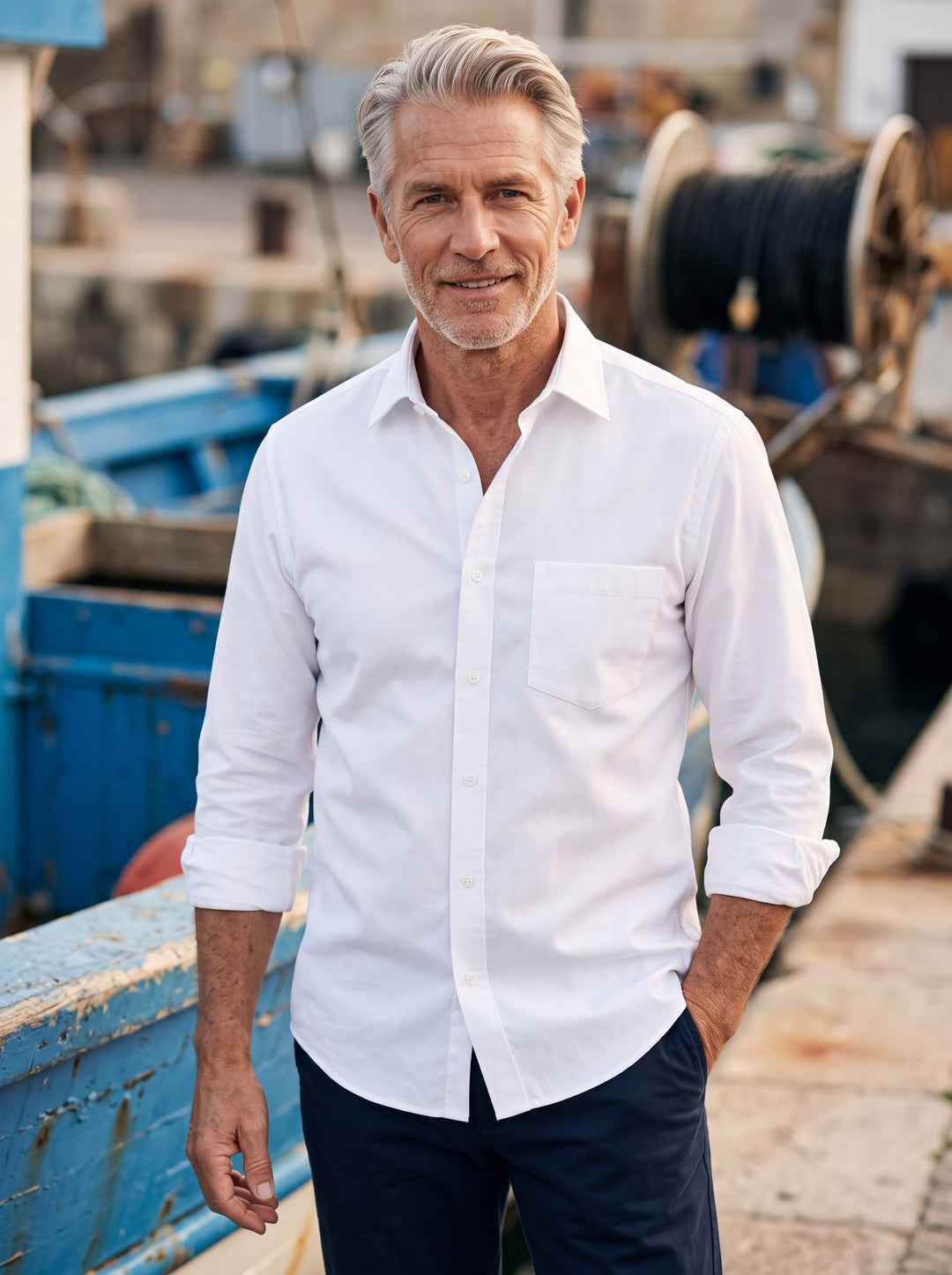 Clifton shirt in White, worn by a model in a Mediterranean setting - Gentlemens Manor lifestyle