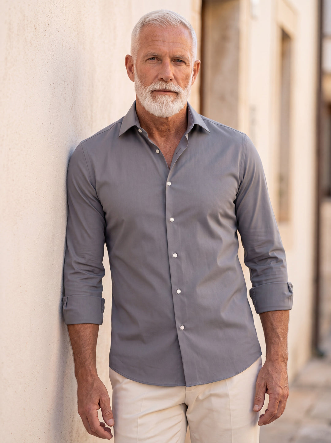 Clinton shirt in Grey, worn by a model in a Mediterranean setting - Gentlemens Manor lifestyle