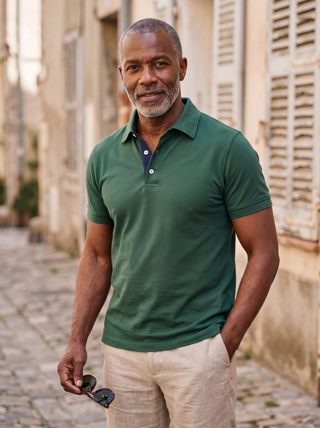 Clyde Men polo shirt in green, worn by a model on a Mediterranean terrace - Gentlemens Manor lifestyle