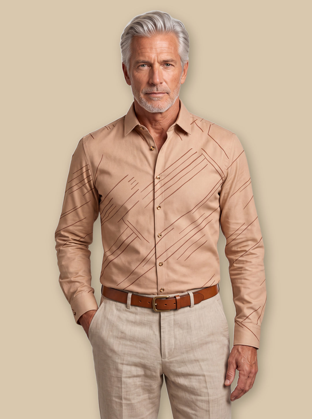 Colby casual shirt in Brown, worn by a model on a warm sand studio background - Gentlemens Manor