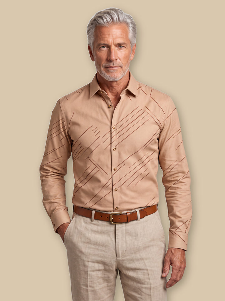 Colby casual shirt in Brown, worn by a model on a warm sand studio background - Gentlemens Manor
