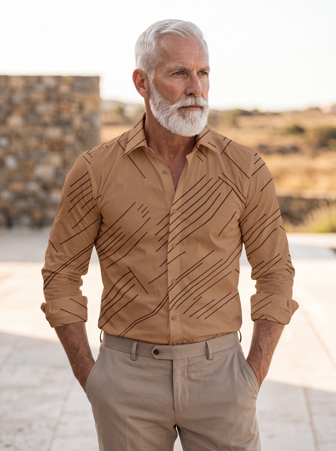 Colby shirt in Brown, worn by a model in a Mediterranean setting - Gentlemens Manor lifestyle