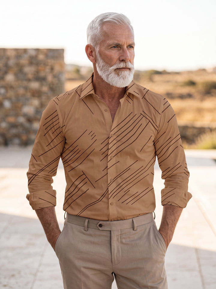 Colby shirt in Brown, worn by a model in a Mediterranean setting - Gentlemens Manor lifestyle
