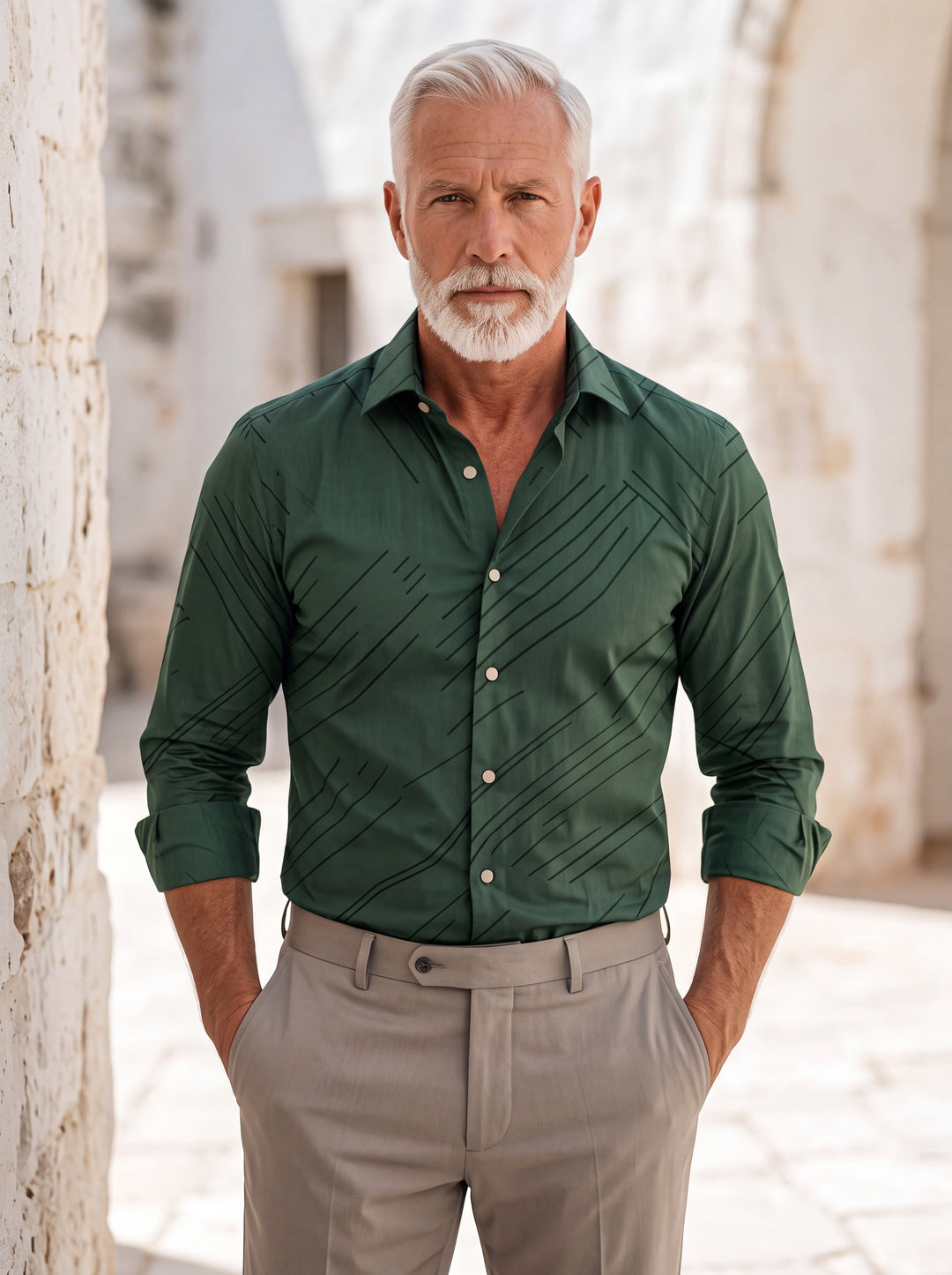 Colby shirt in Green, worn by a model in a Mediterranean setting - Gentlemens Manor lifestyle