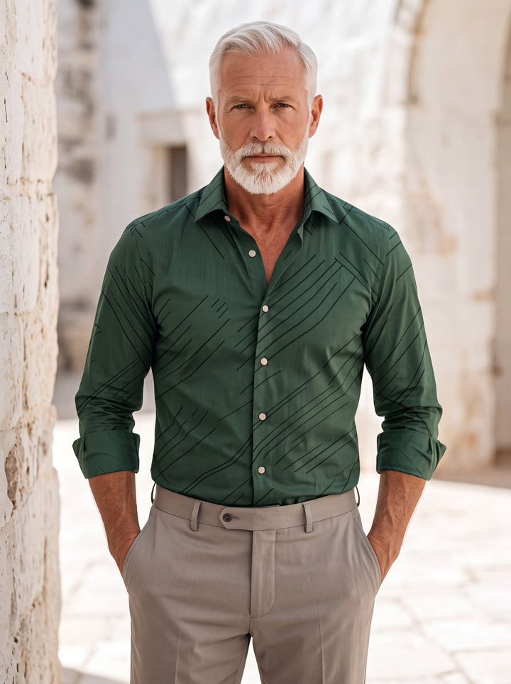 Colby shirt in Green, worn by a model in a Mediterranean setting - Gentlemens Manor lifestyle