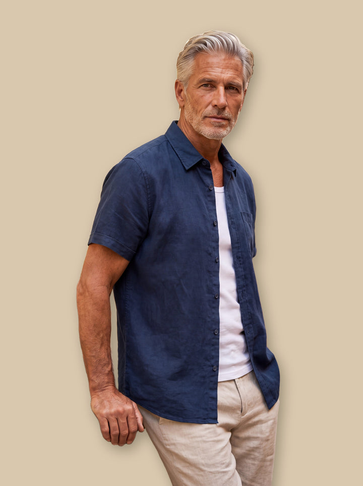 Cole linen shirt in Navy, studio - Gentlemens Manor