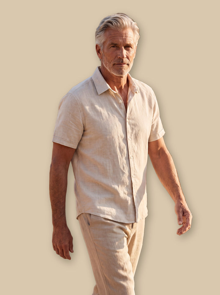 Cole linen shirt in Sand, studio - Gentlemens Manor