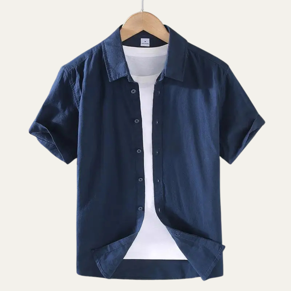 Cole short sleeve shirt in Navy, product flat lay - Gentlemens Manor