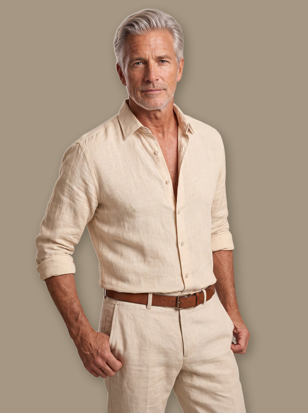 Coleman beach shirt in Sand, worn by a model on a warm taupe studio background - Gentlemens Manor