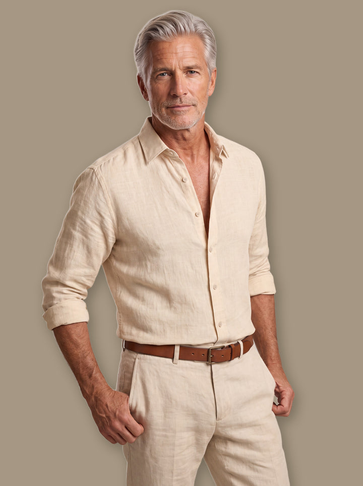 Coleman beach shirt in Sand, worn by a model on a warm taupe studio background - Gentlemens Manor