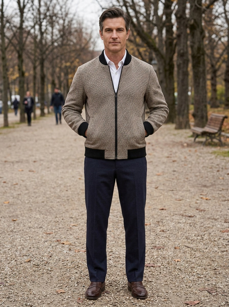 Colfax herringbone zip jacket in Brown, lifestyle on a park path, Gentlemens Manor