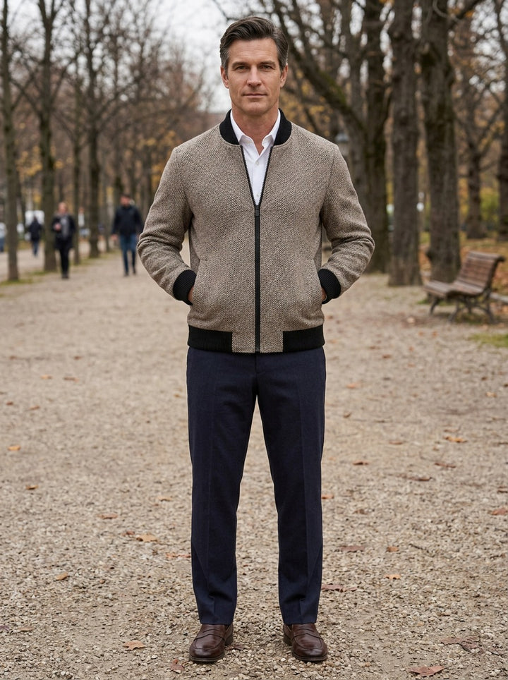 Colfax herringbone zip jacket in Brown, lifestyle on a park path, Gentlemens Manor