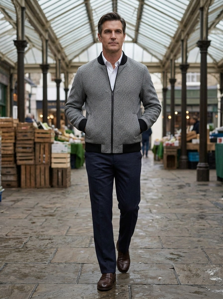 Colfax herringbone zip jacket in Grey, lifestyle in a covered market hall, Gentlemens Manor
