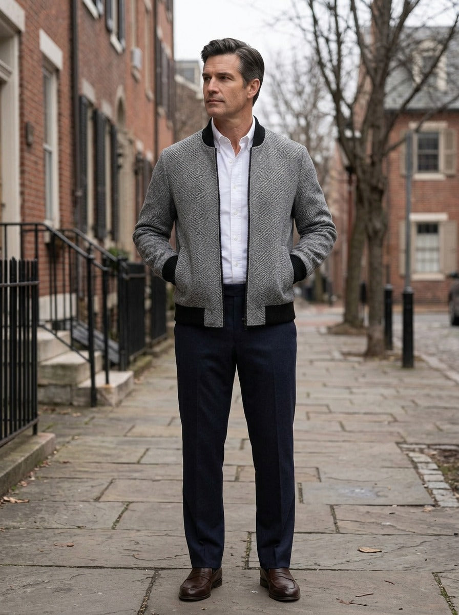 Colfax herringbone zip jacket in Grey, lifestyle on a street of brick row houses, Gentlemens Manor