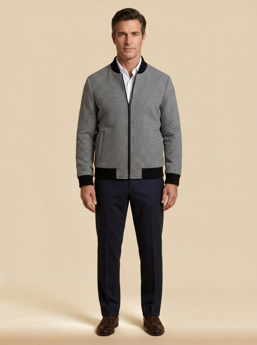 Colfax herringbone zip jacket in Grey, studio, Gentlemens Manor