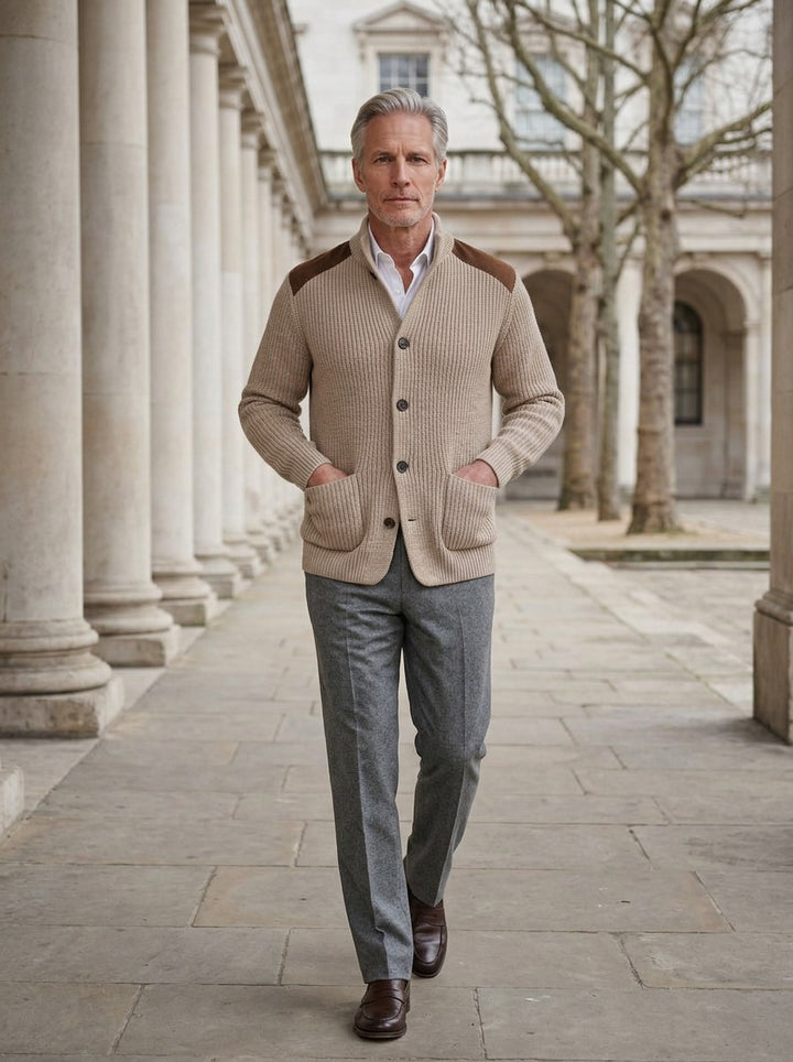Collier rib knit stand collar jacket in Beige, lifestyle in a stone colonnade, Gentlemens Manor