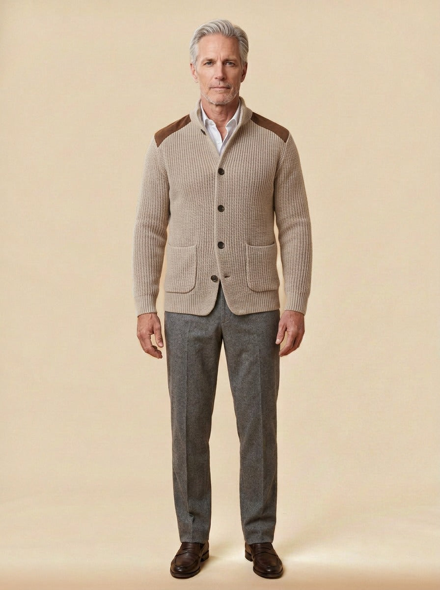 Collier rib knit stand collar jacket in Beige, studio, Gentlemens Manor