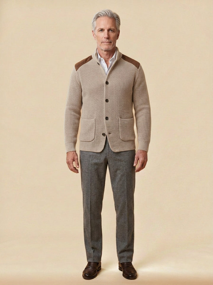 Collier rib knit stand collar jacket in Beige, studio, Gentlemens Manor