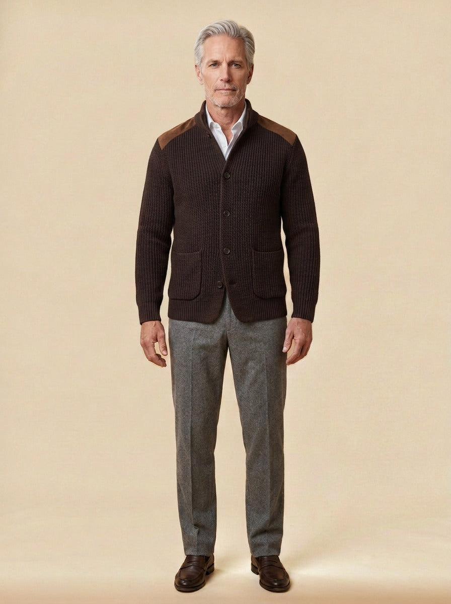 Collier rib knit stand collar jacket in Brown, studio, Gentlemens Manor