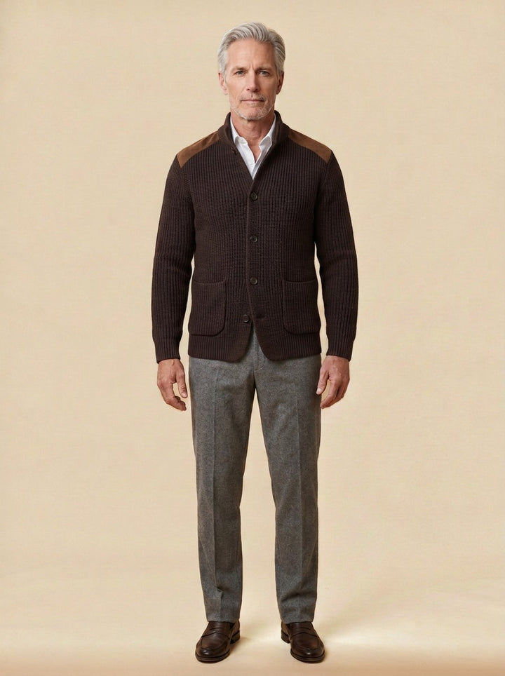 Collier rib knit stand collar jacket in Brown, studio, Gentlemens Manor