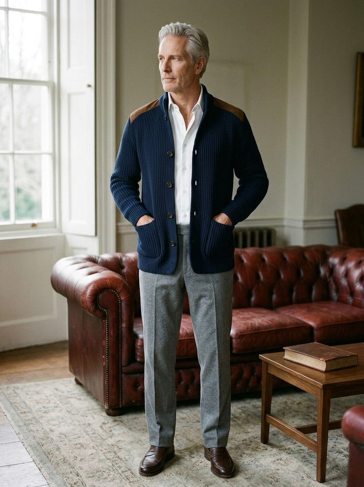 Collier rib knit stand collar jacket in Navy, lifestyle in a club reading room, Gentlemens Manor