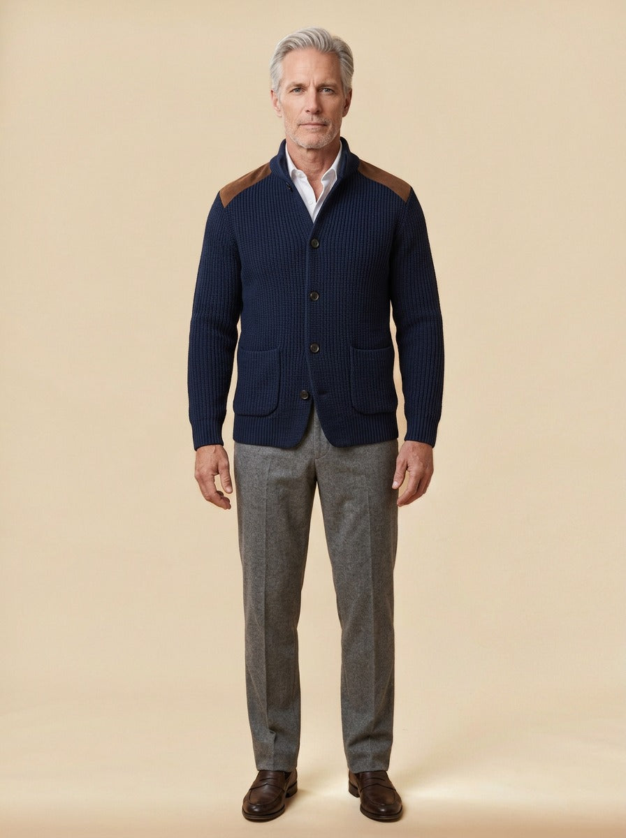 Collier rib knit stand collar jacket in Navy, studio, Gentlemens Manor