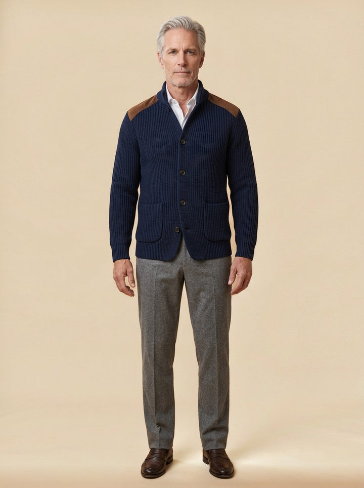 Collier rib knit stand collar jacket in Navy, studio, Gentlemens Manor