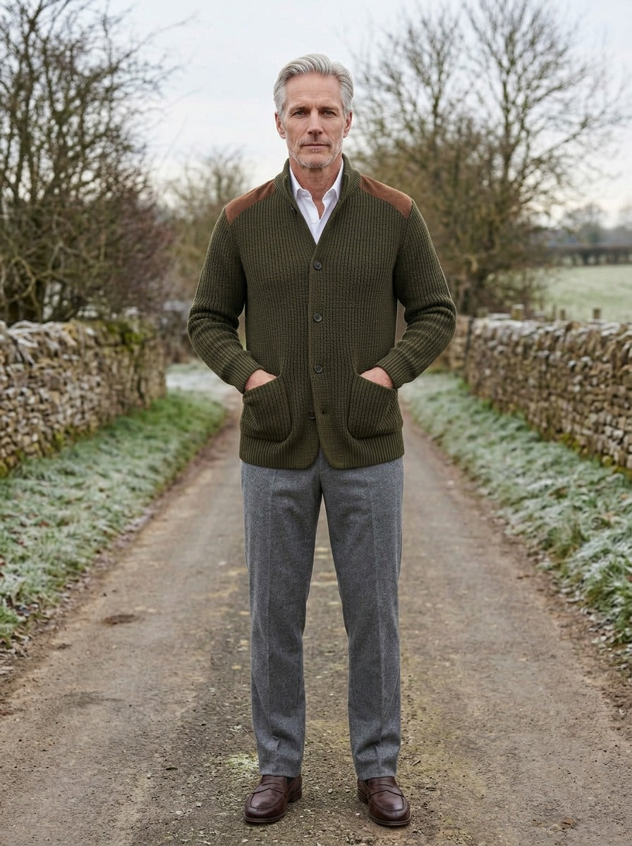 Collier rib knit stand collar jacket in Olive, lifestyle on a country lane, Gentlemens Manor