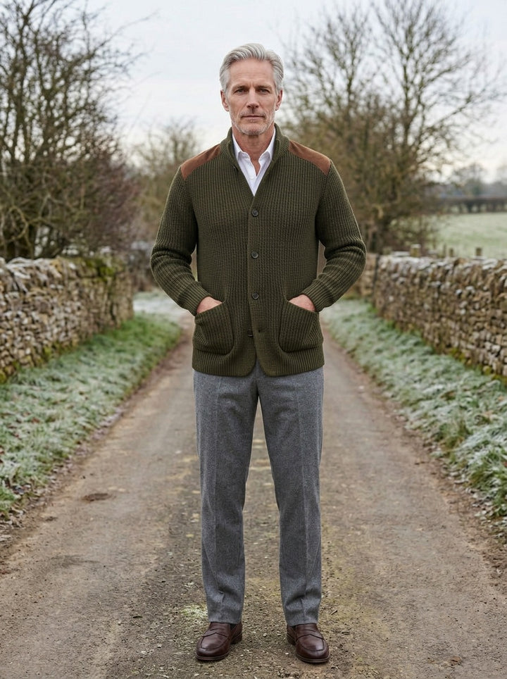 Collier rib knit stand collar jacket in Olive, lifestyle on a country lane, Gentlemens Manor