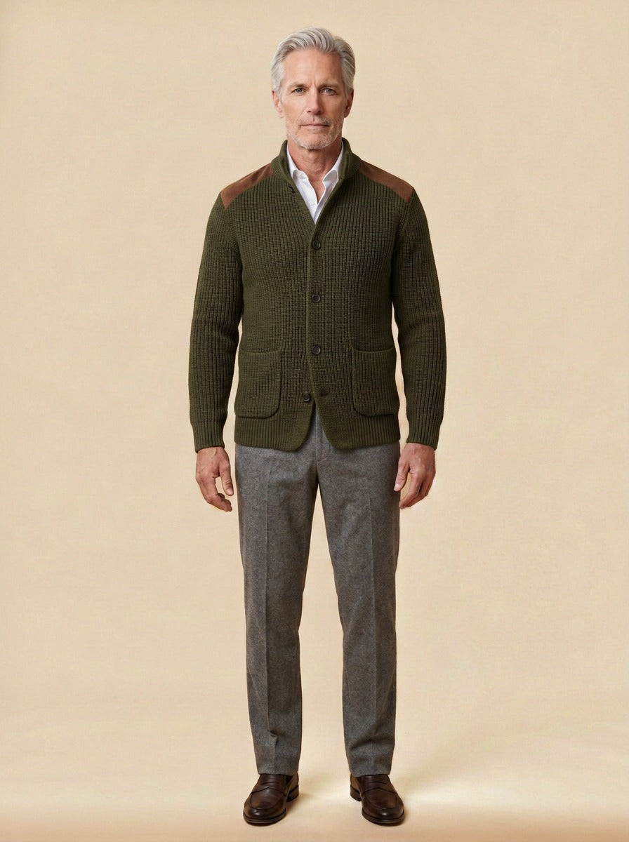 Collier rib knit stand collar jacket in Olive, studio, Gentlemens Manor