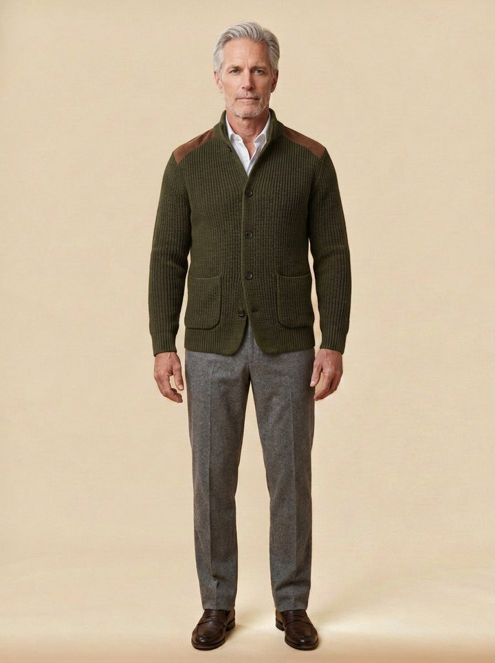 Collier rib knit stand collar jacket in Olive, studio, Gentlemens Manor