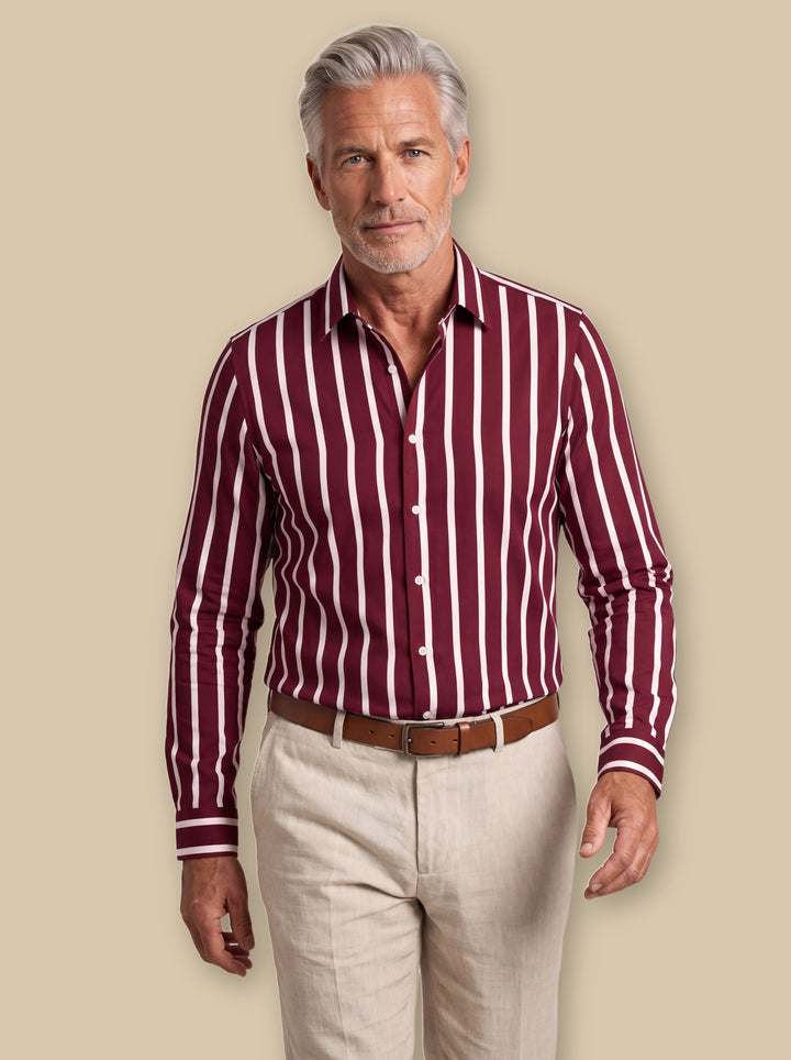 Colton casual shirt in Burgundy, worn by a model on a warm sand studio background - Gentlemens Manor
