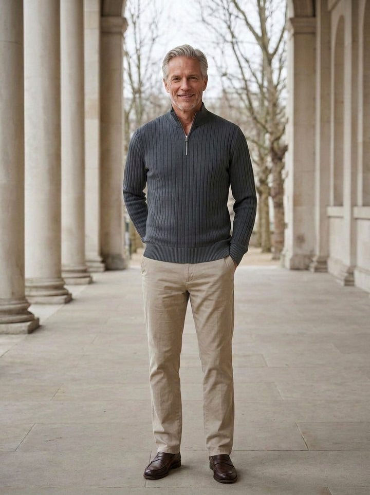 Colwyn half zip sweater in Charcoal, lifestyle in a stone colonnade, Gentlemens Manor