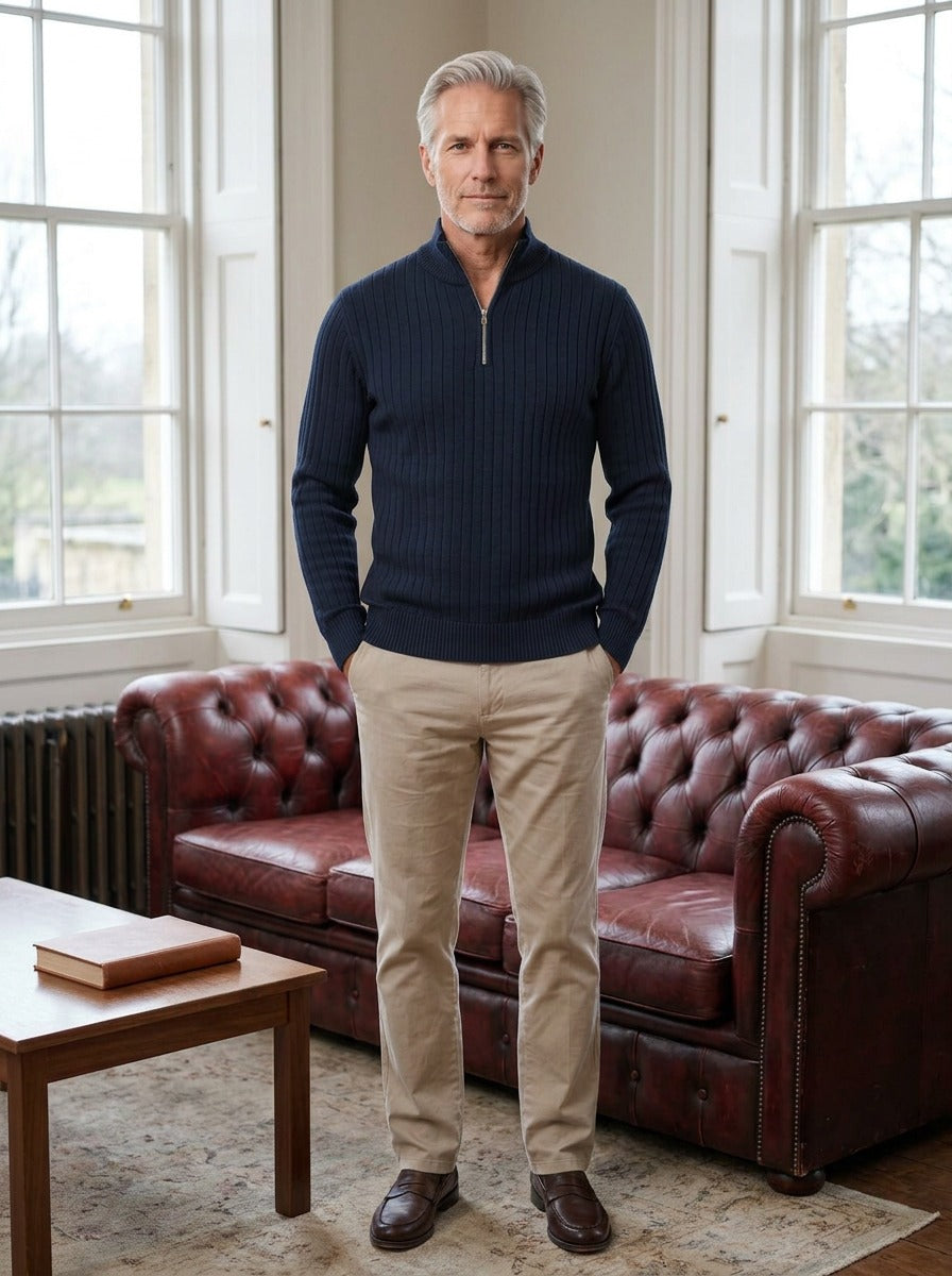 Colwyn half zip sweater in Navy, lifestyle in a club reading room, Gentlemens Manor
