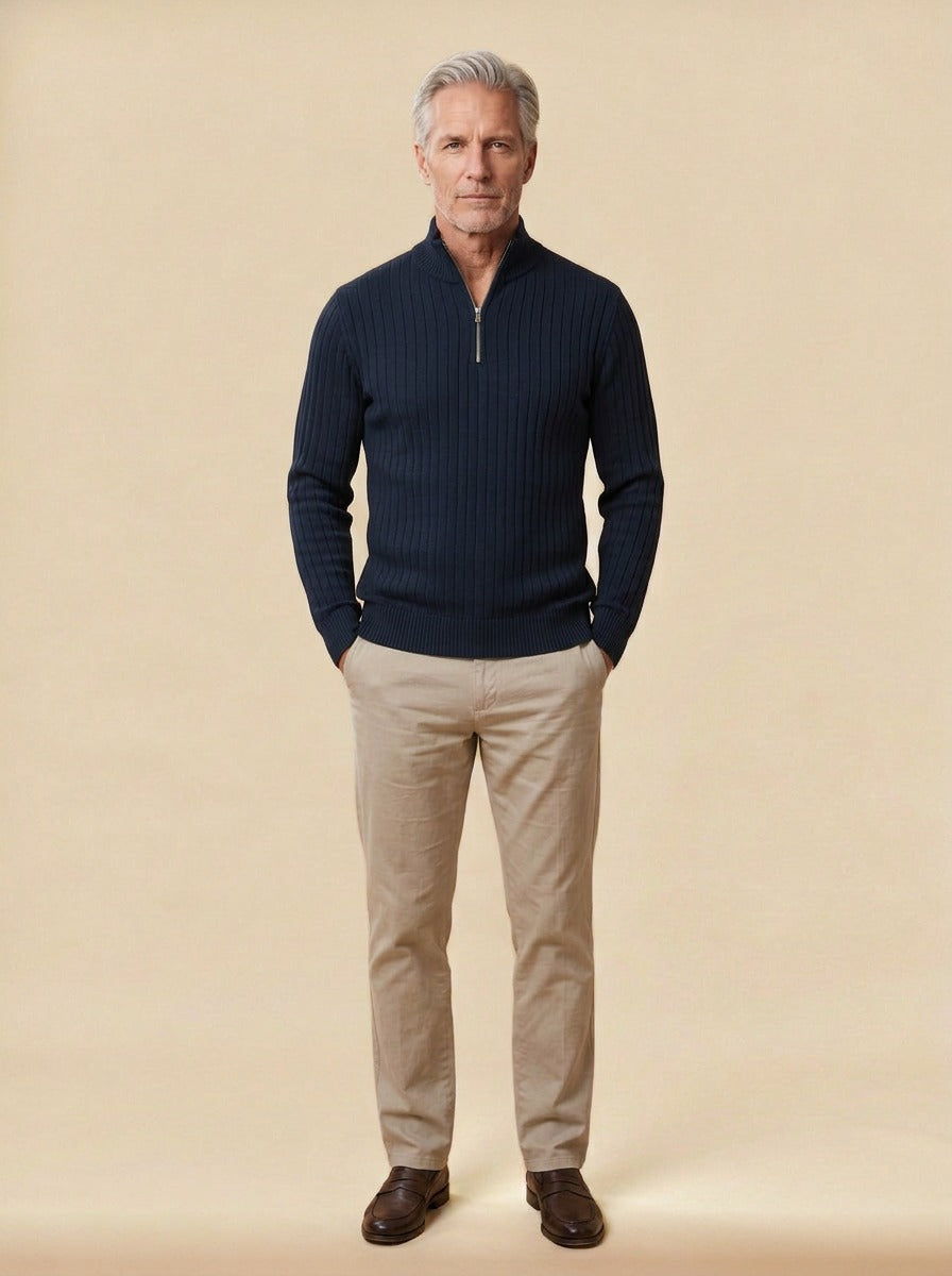 Colwyn half zip sweater in Navy, studio, Gentlemens Manor
