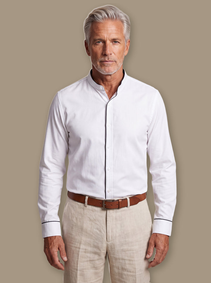 Conrad casual shirt in White, worn by a model on a warm taupe studio background - Gentlemens Manor