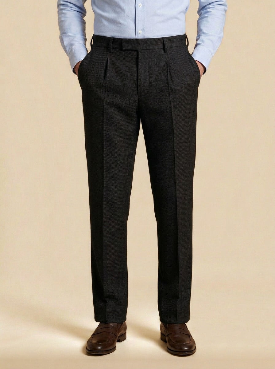 Conway basketweave pleated trousers in Black, studio, Gentlemens Manor