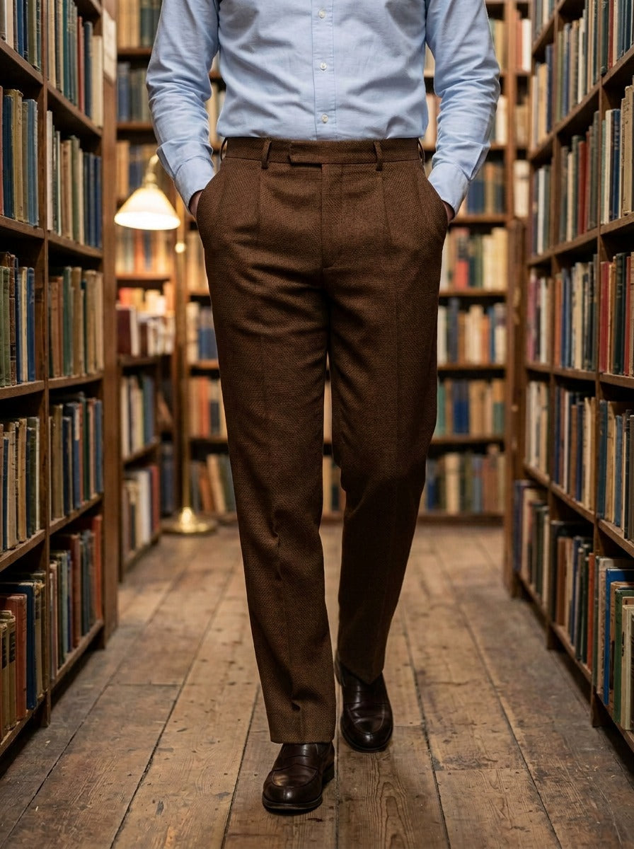 Conway basketweave pleated trousers in Brown, lifestyle in a secondhand bookshop, Gentlemens Manor